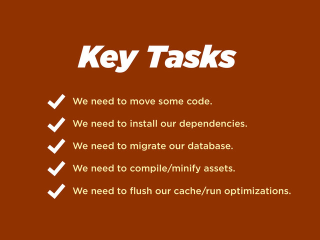 Key Tasks
We need to move some code.
We need to install our dependencies.
We need to migrate our database.
We need to compile/minify assets.
We need to ﬂush our cache/run optimizations.
