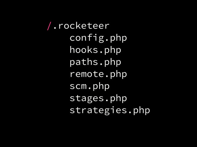 /.rocketeer
config.php
hooks.php
paths.php
remote.php
scm.php
stages.php
strategies.php
