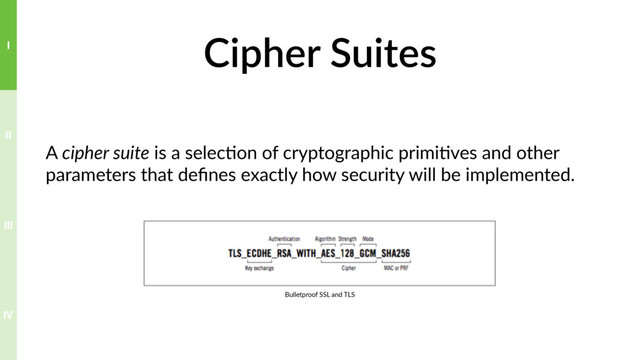 Cipher Suites
A cipher suite is a selec?on of cryptographic primi?ves and other
parameters that deﬁnes exactly how security will be implemented.
Bulletproof SSL and TLS
IV
III
II
I
