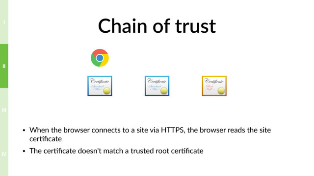Chain of trust
• When the browser connects to a site via HTTPS, the browser reads the site
cer?ﬁcate
• The cer?ﬁcate doesn't match a trusted root cer?ﬁcate
IV
III
II
I
