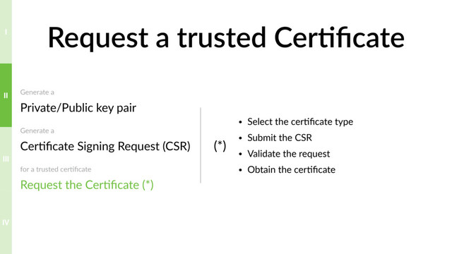 Request a trusted Cer>ﬁcate
Generate a 
Private/Public key pair
Generate a 
Cer?ﬁcate Signing Request (CSR)
for a trusted cer?ﬁcate 
Request the Cer?ﬁcate (*)
• Select the cer?ﬁcate type
• Submit the CSR
• Validate the request
• Obtain the cer?ﬁcate
(*)
IV
III
II
I
