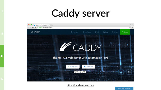 Caddy server
hTps:/
/caddyserver.com/
IV
III
II
I
