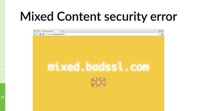 Mixed Content security error
IV
III
II
I
