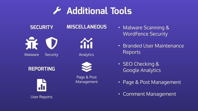 Additional Tools
SECURITY
Malware Security
REPORTING
User Reports
MISCELLANEOUS
Analytics
Page & Post
Management
• Malware Scanning &
WordFence Security
• Branded User Maintenance
Reports
• SEO Checking &
Google Analytics
• Page & Post Management
• Comment Management
