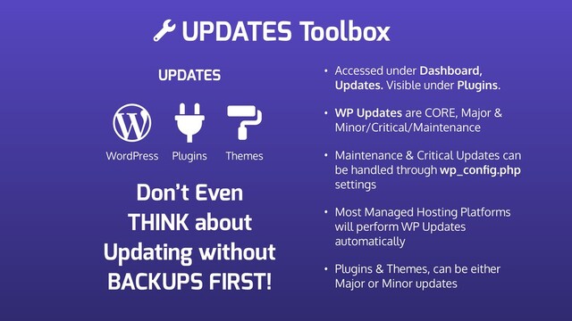 UPDATES Toolbox
UPDATES
WordPress Plugins Themes
• Accessed under Dashboard,
Updates. Visible under Plugins.
• WP Updates are CORE, Major &
Minor/Critical/Maintenance
• Maintenance & Critical Updates can
be handled through wp_conﬁg.php
settings
• Most Managed Hosting Platforms
will perform WP Updates
automatically
• Plugins & Themes, can be either
Major or Minor updates
Don’t Even
THINK about
Updating without
BACKUPS FIRST!
