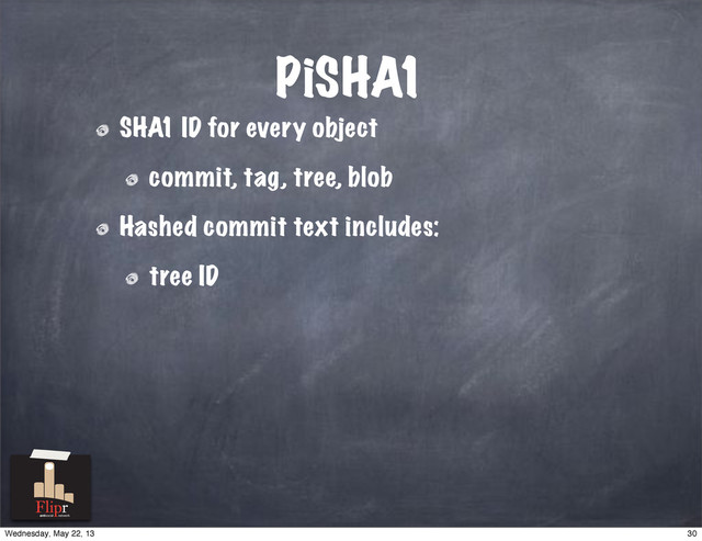 PiSHA1
SHA1 ID for every object
commit, tag, tree, blob
Hashed commit text includes:
tree ID
antisocial network
30
Wednesday, May 22, 13
