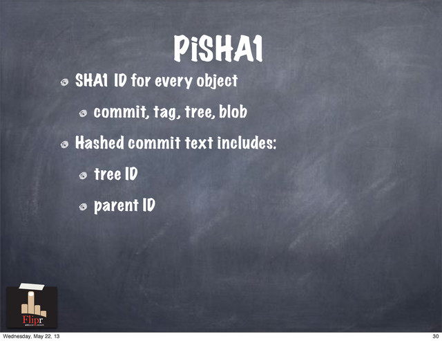 PiSHA1
SHA1 ID for every object
commit, tag, tree, blob
Hashed commit text includes:
tree ID
parent ID
antisocial network
30
Wednesday, May 22, 13
