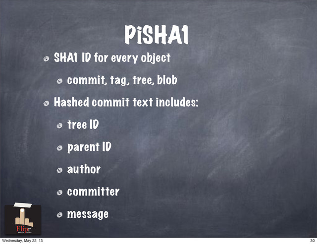 PiSHA1
SHA1 ID for every object
commit, tag, tree, blob
Hashed commit text includes:
tree ID
parent ID
author
committer
message
antisocial network
30
Wednesday, May 22, 13
