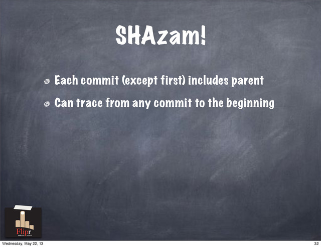 SHAzam!
Each commit (except first) includes parent
Can trace from any commit to the beginning
antisocial network
32
Wednesday, May 22, 13
