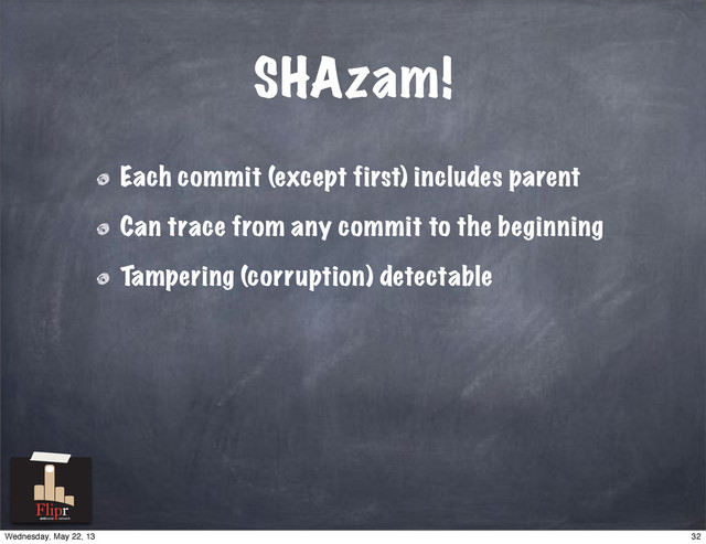 SHAzam!
Each commit (except first) includes parent
Can trace from any commit to the beginning
Tampering (corruption) detectable
antisocial network
32
Wednesday, May 22, 13
