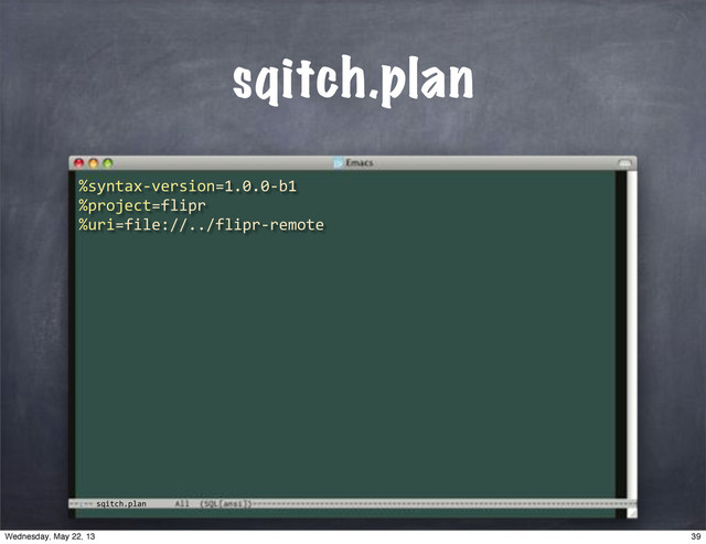 sqitch.plan
sqitch.plan
%syntax*version=1.0.0*b1
%project=flipr
%uri=file://../flipr*remote
39
Wednesday, May 22, 13
