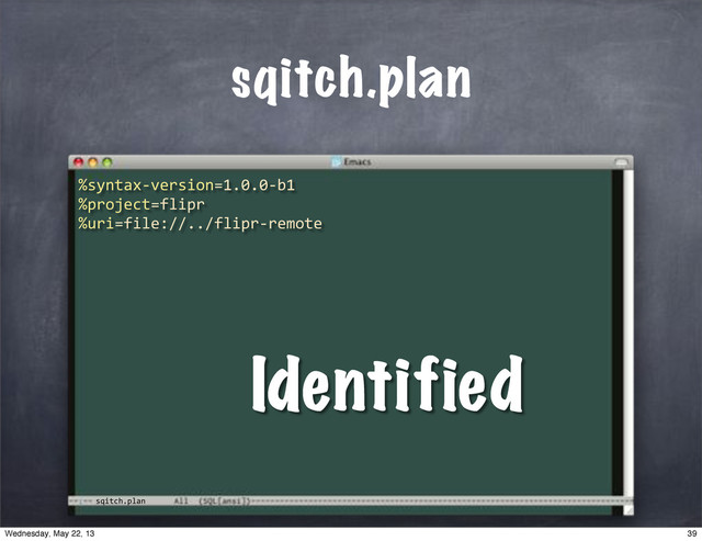 sqitch.plan
sqitch.plan
%syntax*version=1.0.0*b1
%project=flipr
%uri=file://../flipr*remote
Identified
39
Wednesday, May 22, 13
