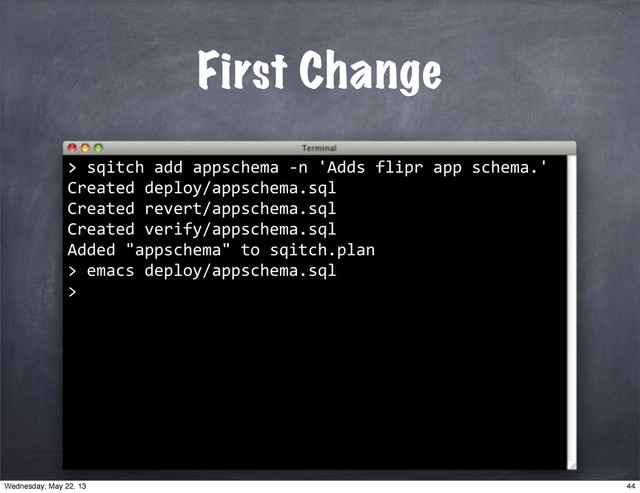 >"sqitch"add"appschema"*n"'Adds"flipr"app"schema.'
Created"deploy/appschema.sql
Created"revert/appschema.sql
Created"verify/appschema.sql
Added""appschema""to"sqitch.plan
>
First Change
>
""emacs"deploy/appschema.sql
>
44
Wednesday, May 22, 13
