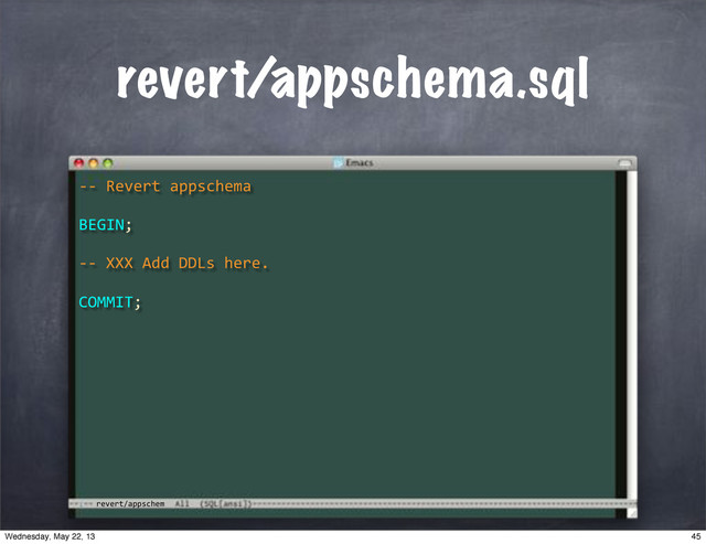 revert/appschem
revert/appschema.sql
**"Revert"appschema
BEGIN;
COMMIT;
**"XXX"Add"DDLs"here.
45
Wednesday, May 22, 13
