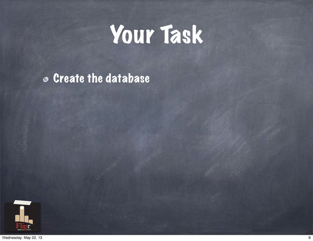Your Task
Create the database
antisocial network
6
Wednesday, May 22, 13
