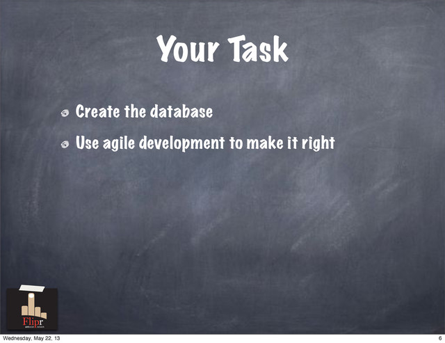 Your Task
Create the database
Use agile development to make it right
antisocial network
6
Wednesday, May 22, 13
