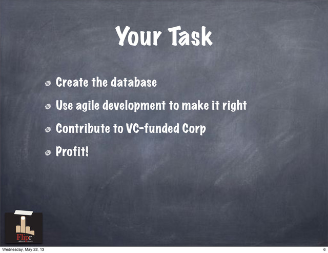 Your Task
Create the database
Use agile development to make it right
Contribute to VC-funded Corp
Profit!
antisocial network
6
Wednesday, May 22, 13
