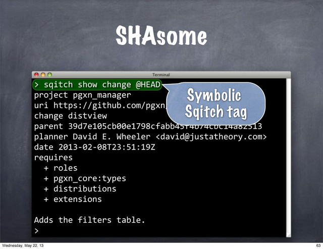 SHAsome
>
""sqitch"show"change"@HEAD
project"pgxn_manager
uri"https://github.com/pgxn/pgxn*manager.git
change"distview
parent"39d7e105cb00e1798cfabb45f4b74cbc14a82513
planner"David"E."Wheeler"
date"2013*02*08T23:51:19Z
requires
""+"roles
""+"pgxn_core:types
""+"distributions
""+"extensions
Adds"the"filters"table.
>
Symbolic
Sqitch tag
63
Wednesday, May 22, 13

