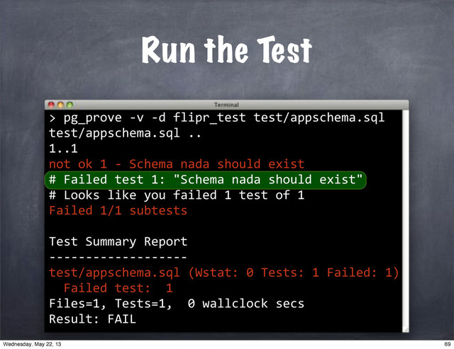 >
Run the Test
""pg_prove"*v"*d"flipr_test"test/appschema.sql
test/appschema.sql".."
1..1
not"ok"1"*"Schema"nada"should"exist
#"Failed"test"1:""Schema"nada"should"exist"
#"Looks"like"you"failed"1"test"of"1
Failed"1/1"subtests"
Test"Summary"Report
*******************
test/appschema.sql"(Wstat:"0"Tests:"1"Failed:"1)
""Failed"test:""1
Files=1,"Tests=1,""0"wallclock"secs
Result:"FAIL
69
Wednesday, May 22, 13
