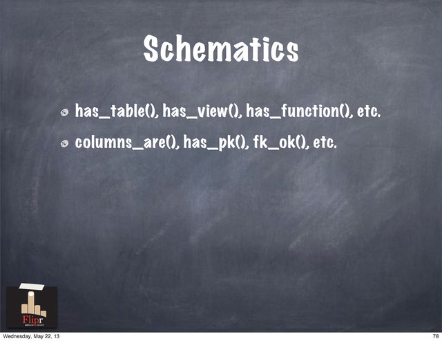 Schematics
has_table(), has_view(), has_function(), etc.
columns_are(), has_pk(), fk_ok(), etc.
antisocial network
78
Wednesday, May 22, 13
