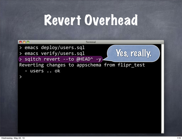 Revert Overhead
""sqitch"revert"**to"@HEAD^"*y
Reverting"changes"to"appschema"from"flipr_test
""*"users".."ok
>
Yes, really.
>"emacs"deploy/users.sql
>"emacs"verify/users.sql
>
115
Wednesday, May 22, 13
