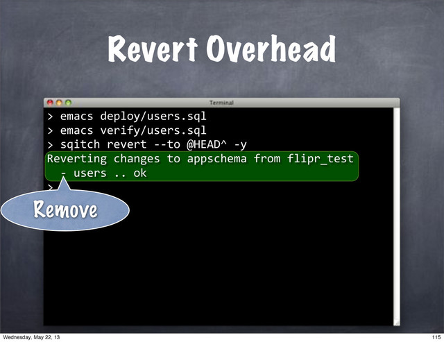 Revert Overhead
""sqitch"revert"**to"@HEAD^"*y
Reverting"changes"to"appschema"from"flipr_test
""*"users".."ok
>
Remove
>"emacs"deploy/users.sql
>"emacs"verify/users.sql
>
115
Wednesday, May 22, 13
