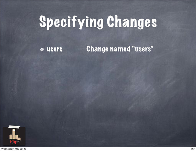 Specifying Changes
users Change named “users”
antisocial network
117
Wednesday, May 22, 13
