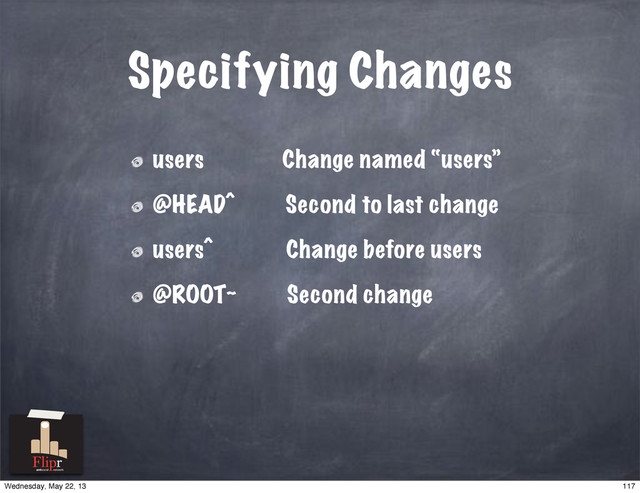 Specifying Changes
users Change named “users”
@HEAD^ Second to last change
users^ Change before users
@ROOT~ Second change
antisocial network
117
Wednesday, May 22, 13
