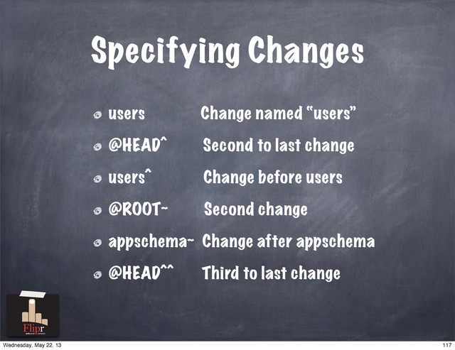 Specifying Changes
users Change named “users”
@HEAD^ Second to last change
users^ Change before users
@ROOT~ Second change
appschema~ Change after appschema
@HEAD^^ Third to last change
antisocial network
117
Wednesday, May 22, 13
