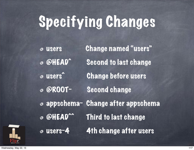 Specifying Changes
users Change named “users”
@HEAD^ Second to last change
users^ Change before users
@ROOT~ Second change
appschema~ Change after appschema
@HEAD^^ Third to last change
users~4 4th change after users
antisocial network
117
Wednesday, May 22, 13
