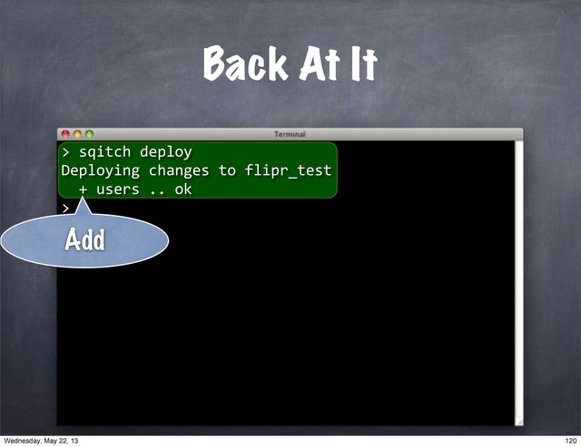 ""sqitch"deploy
Deploying"changes"to"flipr_test
""+"users".."ok
>
Back At It
>
Add
120
Wednesday, May 22, 13
