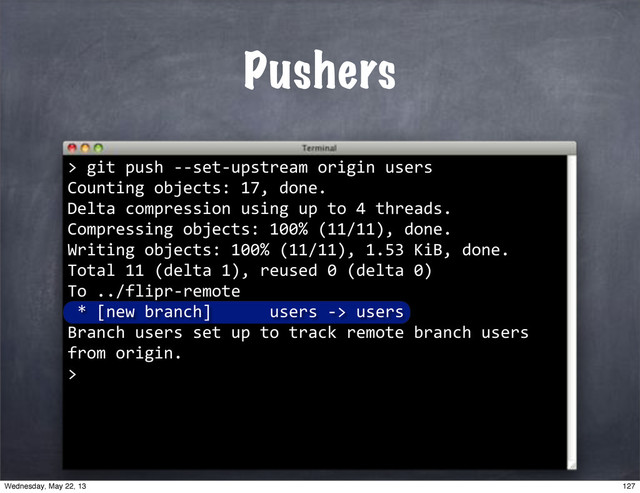 Pushers
>
""git"push"**set*upstream"origin"users
Counting"objects:"17,"done.
Delta"compression"using"up"to"4"threads.
Compressing"objects:"100%"(11/11),"done.
Writing"objects:"100%"(11/11),"1.53"KiB,"done.
Total"11"(delta"1),"reused"0"(delta"0)
To"../flipr*remote
"*"[new"branch]""""""users"*>"users
Branch"users"set"up"to"track"remote"branch"users"
from"origin.
>
127
Wednesday, May 22, 13
