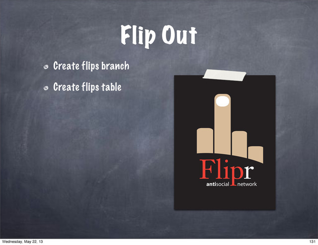 antisocial network
Flip Out
Create flips branch
Create flips table
131
Wednesday, May 22, 13
