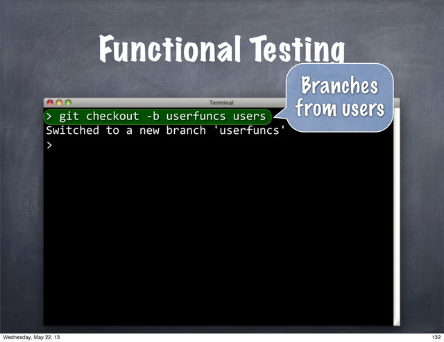 Functional Testing
""git"checkout"*b"userfuncs"users
Switched"to"a"new"branch"'userfuncs'
>
>
Branches
from users
132
Wednesday, May 22, 13

