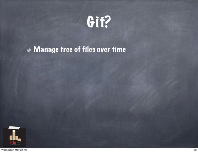 Git?
Manage tree of files over time
antisocial network
28
Wednesday, May 22, 13
