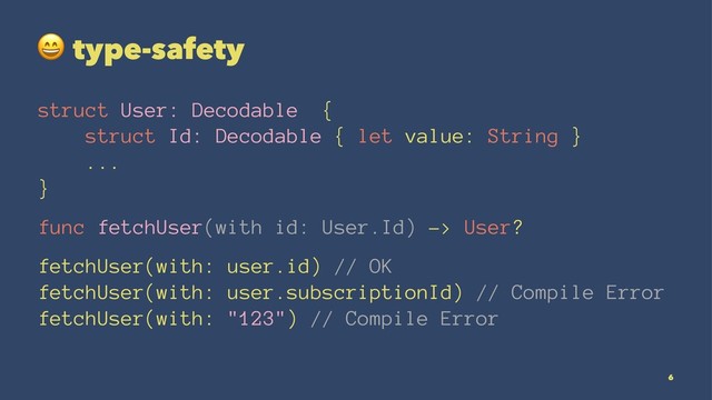 !
type-safety
struct User: Decodable {
struct Id: Decodable { let value: String }
...
}
func fetchUser(with id: User.Id) -> User?
fetchUser(with: user.id) // OK
fetchUser(with: user.subscriptionId) // Compile Error
fetchUser(with: "123") // Compile Error
6
