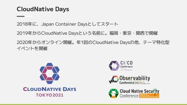 CloudNative Days
2018年に、Japan Container Daysとしてスタート
2019年からCloudNative Daysという名前に。福岡・東京・関西で開催
2020年からオンライン開催。年1回のCloudNative Daysの他、テーマ特化型
イベントを開催
