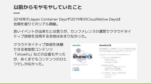 以前からモヤモヤしていたこと
2018年のJapan Container Daysや2019年のCloudNative Daysは
会場を借りてのリアル開催。
良いイベントが出来たとは思うが、カンファレンスの運営でクラウドネイ
ティブ技術を活用する余地はあまりなかった。
クラウドネイティブ技術を体験
できる参加型コンテンツ
「showKs」などの企画もやった
が、あくまでもコンテンツのひと
つでしかなかった。
