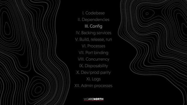 I. Codebase


II. Dependencies


III. Config


IV. Backing services


V. Build, release, run


VI. Processes


VII. Port binding


VIII. Concurrency


IX. Disposability


X. Dev/prod parity


XI. Logs


XII. Admin processes


