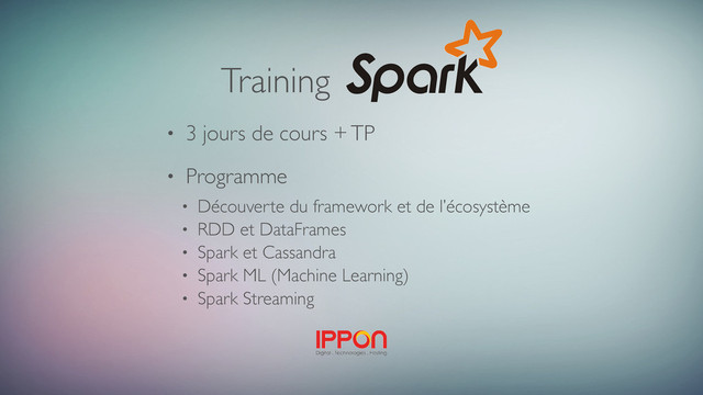 Training
• 3 jours de cours + TP
• Programme
• Découverte du framework et de l’écosystème
• RDD et DataFrames
• Spark et Cassandra
• Spark ML (Machine Learning)
• Spark Streaming
