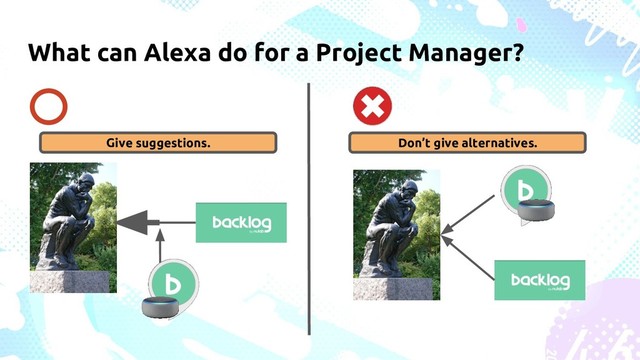 What can Alexa do for a Project Manager?
Don’t give alternatives.
Give suggestions.
