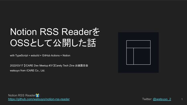 Notion RSS Reader🎁:
https://github.com/watsuyo/notion-rss-reader Twitter: @watsuyo_2
Notion RSS Readerを
OSSとして公開した話
1
with TypeScript + esbuild + GitHub Actions + Notion
2022/03/17 【iCARE Dev Meetup #31】Carely Tech Zine お披露目会
watsuyo from iCARE Co., Ltd.
