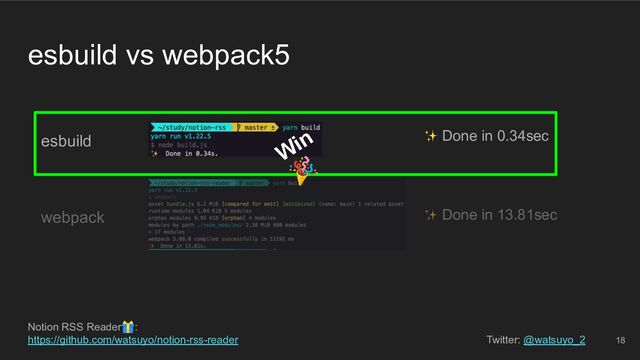 Notion RSS Reader🎁:
https://github.com/watsuyo/notion-rss-reader Twitter: @watsuyo_2
Done in 0.34sec
Done in 13.81sec
esbuild
webpack
Win
🎉
18
esbuild vs webpack5
