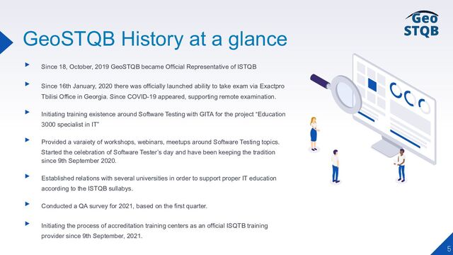GeoSTQB History at a glance
▸ Since 18, October, 2019 GeoSTQB became Official Representative of ISTQB
▸ Since 16th January, 2020 there was officially launched ability to take exam via Exactpro
Tbilisi Office in Georgia. Since COVID-19 appeared, supporting remote examination.
▸ Initiating training existence around Software Testing with GITA for the project “Education
3000 specialist in IT”
▸ Provided a varaiety of workshops, webinars, meetups around Software Testing topics.
Started the celebration of Software Tester’s day and have been keeping the tradition
since 9th September 2020.
▸ Established relations with several universities in order to support proper IT education
according to the ISTQB sullabys.
▸ Conducted a QA survey for 2021, based on the first quarter.
▸ Initiating the process of accreditation training centers as an official ISQTB training
provider since 9th September, 2021.
5

