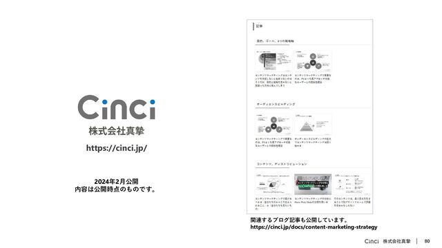 株式会社真摯 80
https://cinci.jp/
関連するブログ記事も公開しています。
https://cinci.jp/docs/content-marketing-strategy
2024年2月公開
内容は公開時点のものです。
