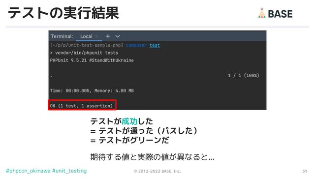 51
© 2012-2022 BASE, Inc.
#phpcon_okinawa #unit_testing
テストの実行結果
テストが成功した
= テストが通った（パスした）
= テストがグリーンだ
期待する値と実際の値が異なると...
