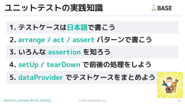 62
© 2012-2022 BASE, Inc.
#phpcon_okinawa #unit_testing
1. テストケースは日本語で書こう
ユニットテストの実践知識
3. いろんな assertion を知ろう
5. dataProvider でテストケースをまとめよう
2. arrange / act / assert パターンで書こう
4. setUp / tearDown で前後の処理をしよう
