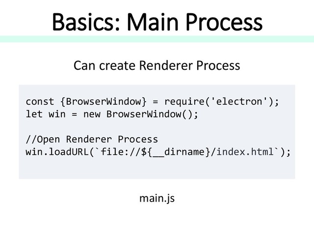 Can create Renderer Process
Basics: Main Process
main.js
const {BrowserWindow} = require('electron');
let win = new BrowserWindow();
//Open Renderer Process
win.loadURL(`file://${__dirname}/index.html`);
