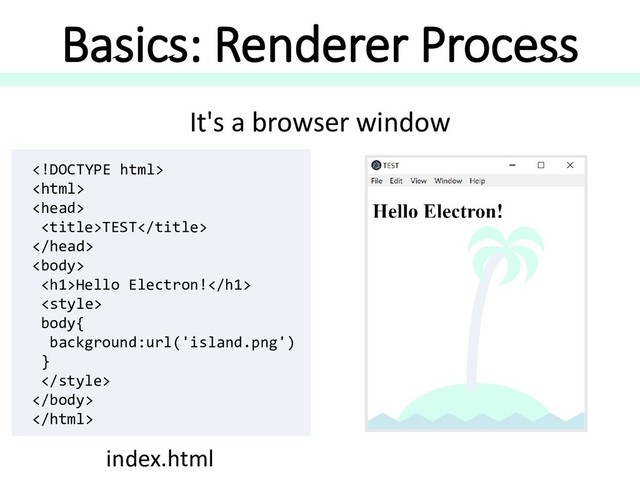 Basics: Renderer Process
It's a browser window
index.html



TEST


<h1>Hello Electron!</h1>

body{
background:url('island.png')
}




