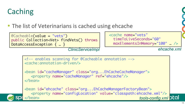 16
Caching	  
  The	  list	  of	  Veterinarians	  is	  cached	  using	  ehcache	  
@Cacheable(value = "vets")
public Collection findVets() throws
DataAccessException { … }
ClinicServiceImpl







 tools-config.xml

ehcache.xml
